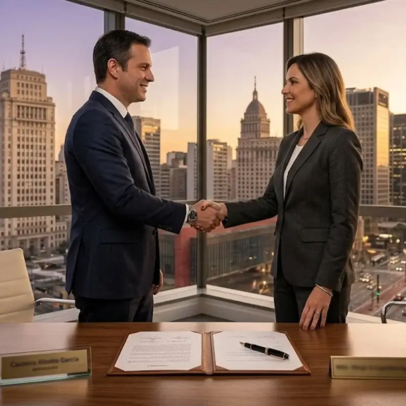 Dois executivos em aperto de mãos celebrando acordo de fusão e aquisição em escritório moderno com vista para o skyline de São Paulo