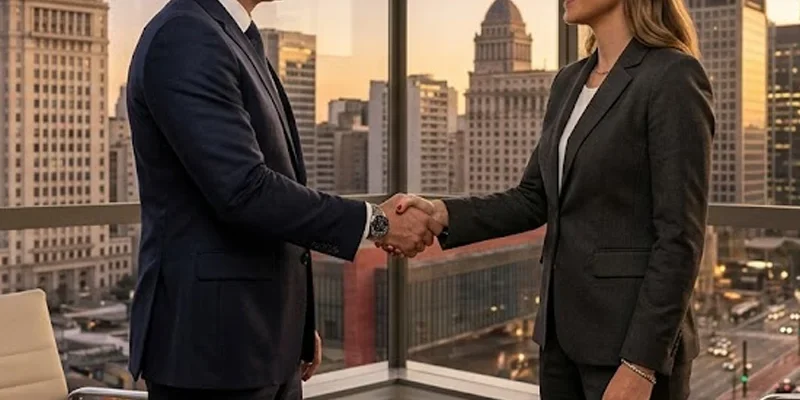 Dois executivos em aperto de mãos celebrando acordo de fusão e aquisição em escritório moderno com vista para o skyline de São Paulo