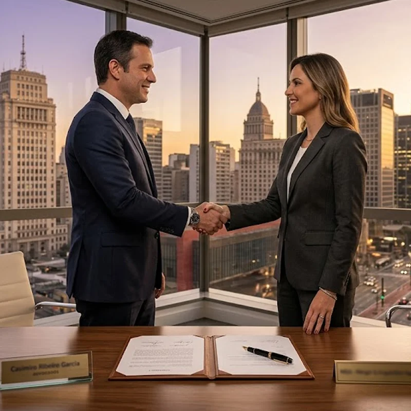 Dois executivos em aperto de mãos celebrando acordo de fusão e aquisição em escritório moderno com vista para o skyline de São Paulo