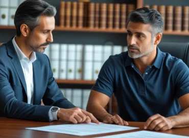 Pessoa assinando documento de testamento com orientação de advogado, simbolizando planejamento sucessório e segurança jurídica.