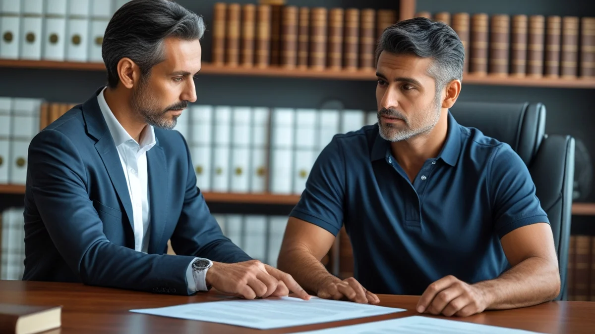 Pessoa assinando documento de testamento com orientação de advogado, simbolizando planejamento sucessório e segurança jurídica.