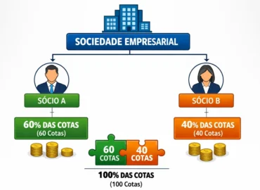 Representação gráfica de um organograma de sociedade empresarial destacando a divisão de cotas entre sócios.