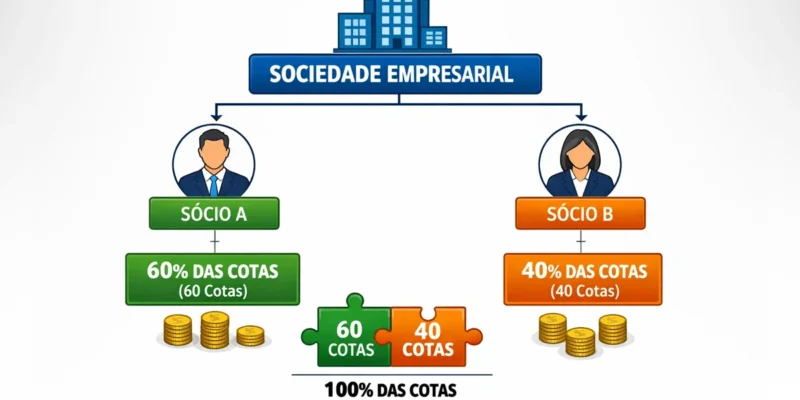 Representação gráfica de um organograma de sociedade empresarial destacando a divisão de cotas entre sócios.