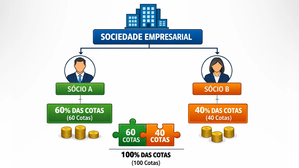 Representação gráfica de um organograma de sociedade empresarial destacando a divisão de cotas entre sócios.