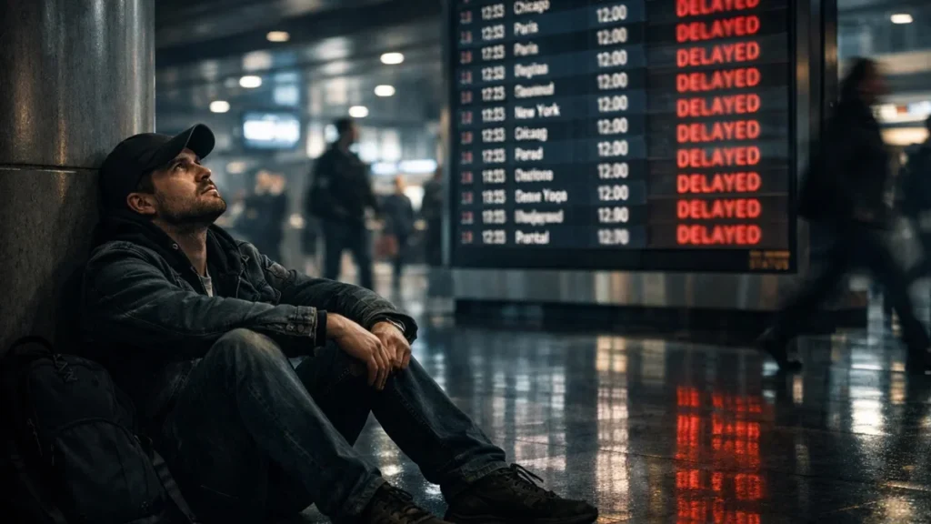 Passageiro sentado no chão de aeroporto olhando painel de voos atrasados, representando direitos do consumidor.