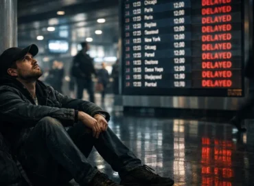 Passageiro sentado no chão de aeroporto olhando painel de voos atrasados, representando direitos do consumidor.