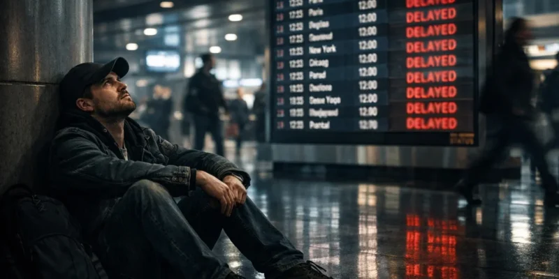 Passageiro sentado no chão de aeroporto olhando painel de voos atrasados, representando direitos do consumidor.