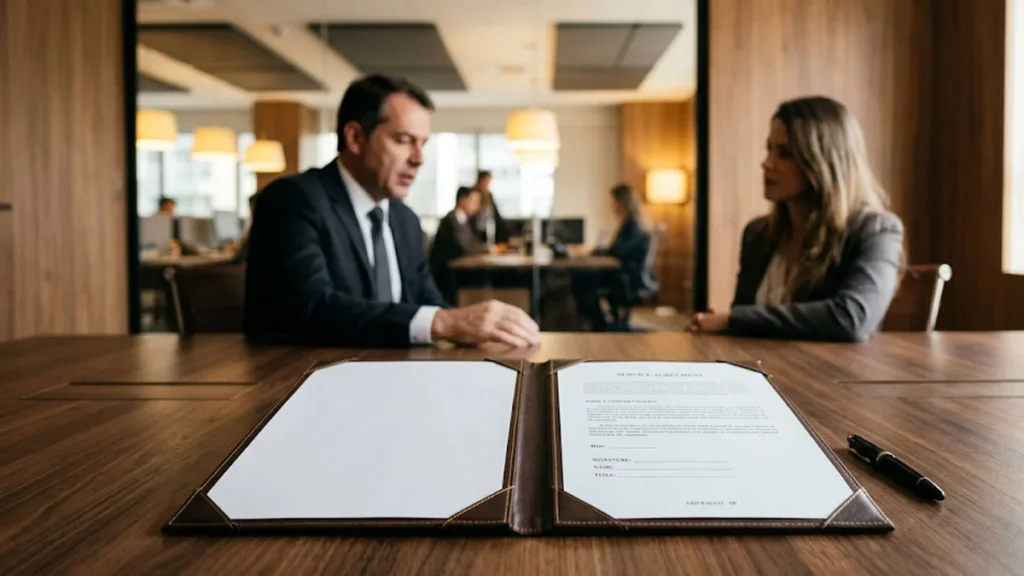 Pasta de couro aberta com páginas de contrato empresarial personalizado sobre mesa de madeira escura em escritório de advocacia em São Paulo, representando segurança jurídica contra modelos genéricos.