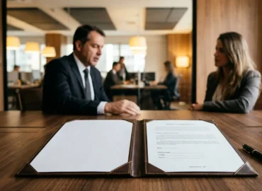 Pasta de couro aberta com páginas de contrato empresarial personalizado sobre mesa de madeira escura em escritório de advocacia em São Paulo, representando segurança jurídica contra modelos genéricos.