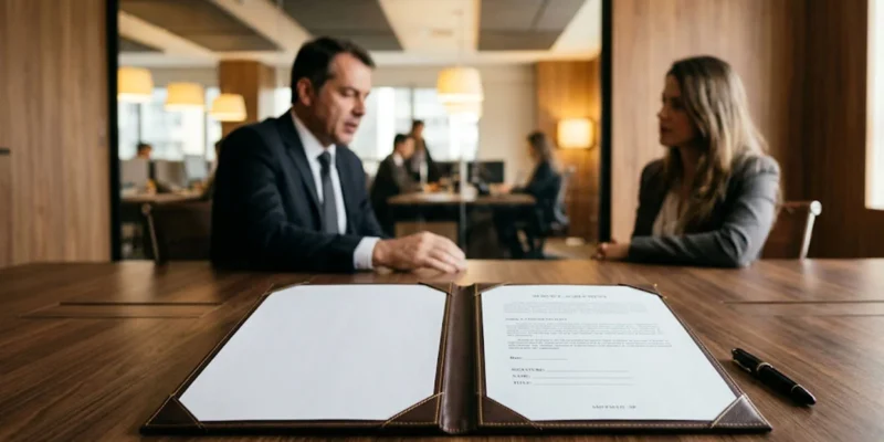 Pasta de couro aberta com páginas de contrato empresarial personalizado sobre mesa de madeira escura em escritório de advocacia em São Paulo, representando segurança jurídica contra modelos genéricos.