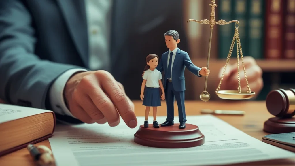 Ilustração representando a nomeação de tutores e curadores, mostrando um adulto cuidando de um menor com símbolos de justiça e proteção legal ao fundo.