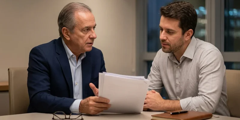 Advogado experiente orientando cliente em São Paulo sobre a complexidade de provar um acordo verbal na justiça trabalhista com documentos indiretos.
