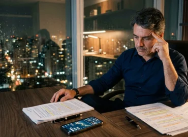 Advogado de direito bancário em São Paulo analisando contrato de cartão de crédito para renegociação de dívida.