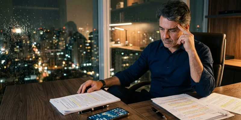 Advogado de direito bancário em São Paulo analisando contrato de cartão de crédito para renegociação de dívida.