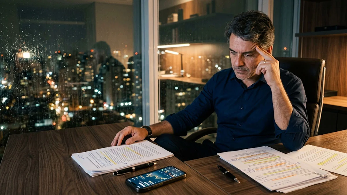 Advogado de direito bancário em São Paulo analisando contrato de cartão de crédito para renegociação de dívida.