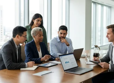 Reunião estratégica de equipe jurídica e operacional avaliando políticas de moderação de conteúdo em telas de computadores dentro de escritório corporativo moderno em São Paulo.