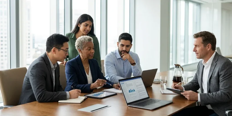 Reunião estratégica de equipe jurídica e operacional avaliando políticas de moderação de conteúdo em telas de computadores dentro de escritório corporativo moderno em São Paulo.