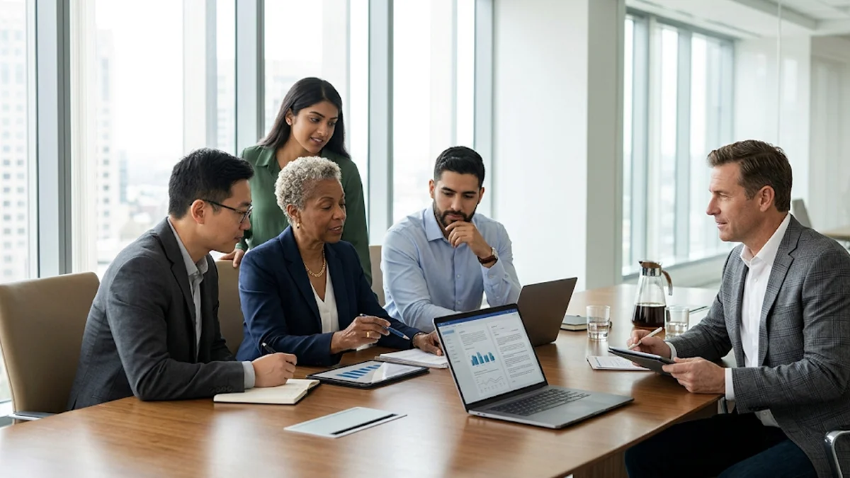 Reunião estratégica de equipe jurídica e operacional avaliando políticas de moderação de conteúdo em telas de computadores dentro de escritório corporativo moderno em São Paulo.