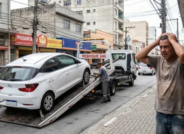 Homem preocupado olhando seu carro sendo rebocado