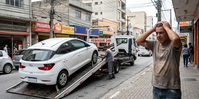 Homem preocupado olhando seu carro sendo rebocado