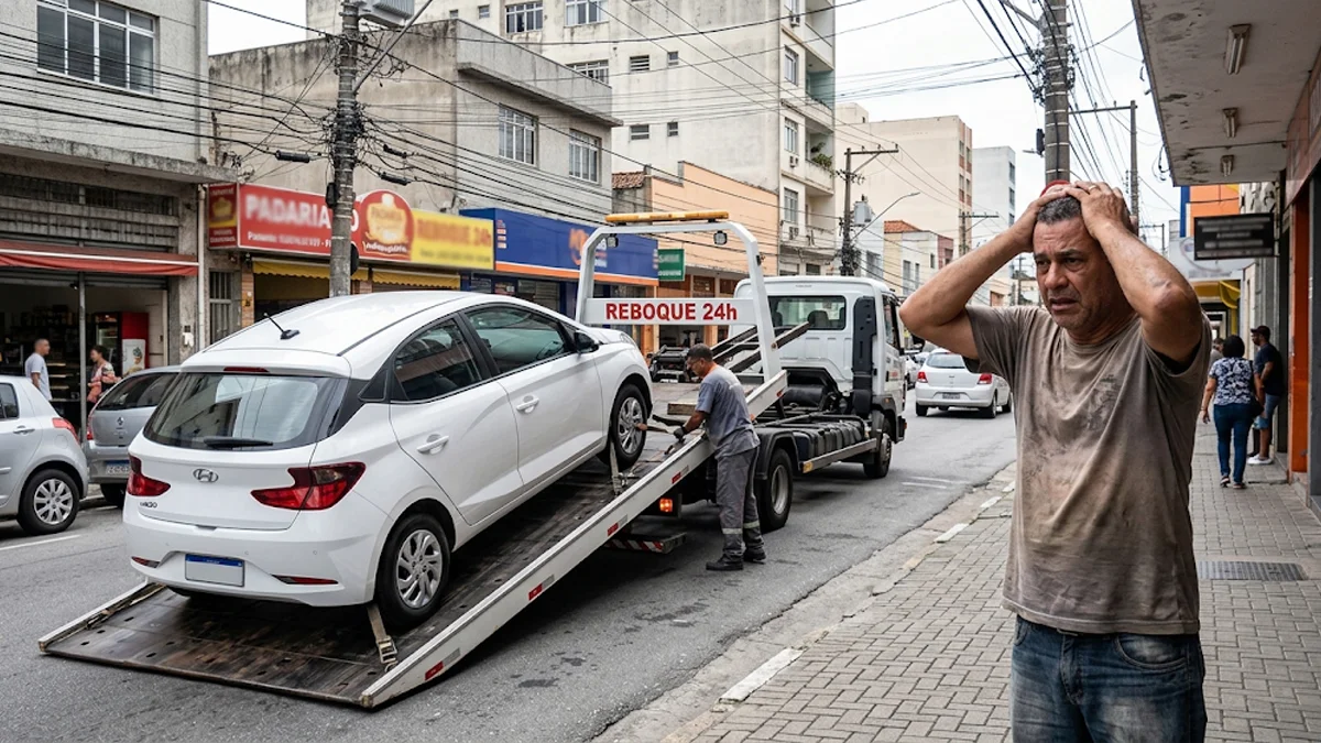 Homem preocupado olhando seu carro sendo rebocado