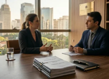 Reunião profissional em escritório de advocacia focado em direito imobiliário e resolução de conflitos de vizinhança.