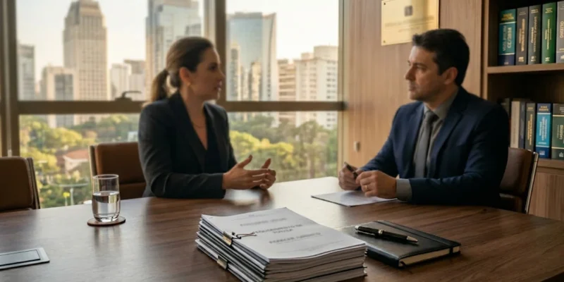 Reunião profissional em escritório de advocacia focado em direito imobiliário e resolução de conflitos de vizinhança.