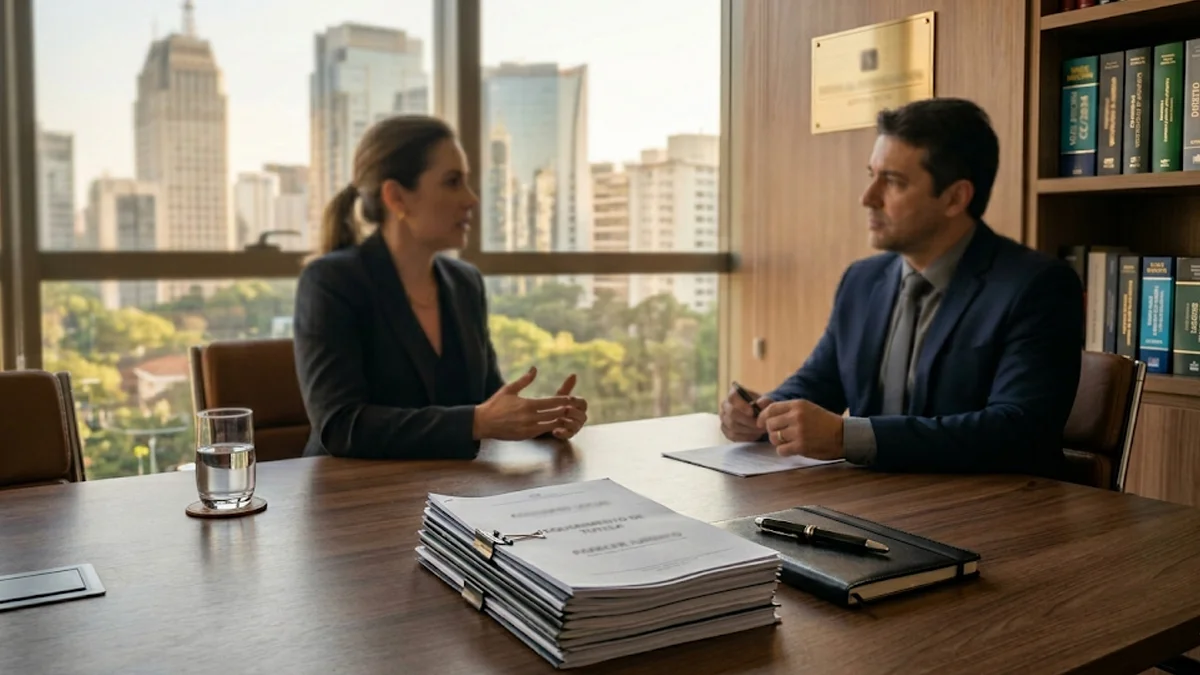 Reunião profissional em escritório de advocacia focado em direito imobiliário e resolução de conflitos de vizinhança.