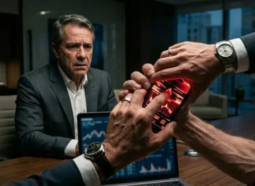 Fotografia corporativa intimista mostrando mãos disputando um smartphone que emite luz vermelha de erro, simbolizando roubo de dados, com advogado ansioso ao fundo em escritório em São Paulo.