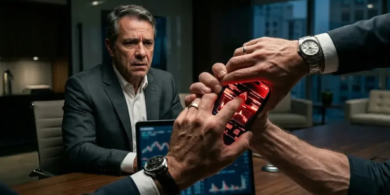Fotografia corporativa intimista mostrando mãos disputando um smartphone que emite luz vermelha de erro, simbolizando roubo de dados, com advogado ansioso ao fundo em escritório em São Paulo.