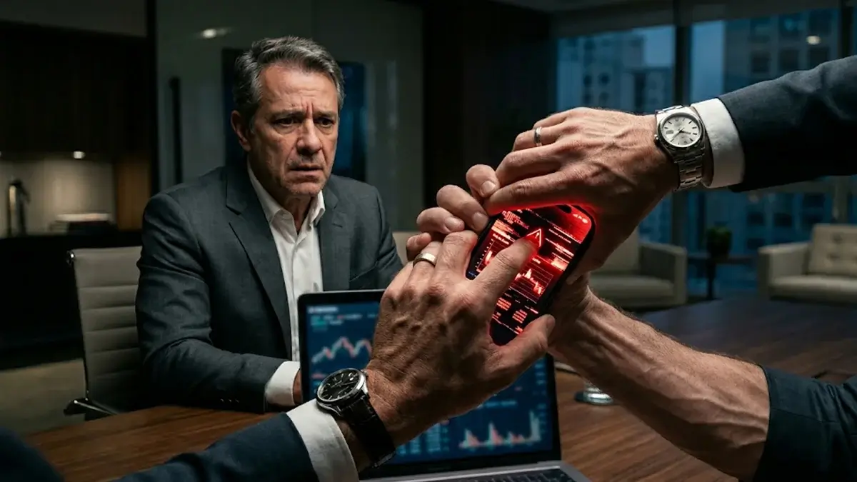 Fotografia corporativa intimista mostrando mãos disputando um smartphone que emite luz vermelha de erro, simbolizando roubo de dados, com advogado ansioso ao fundo em escritório em São Paulo.