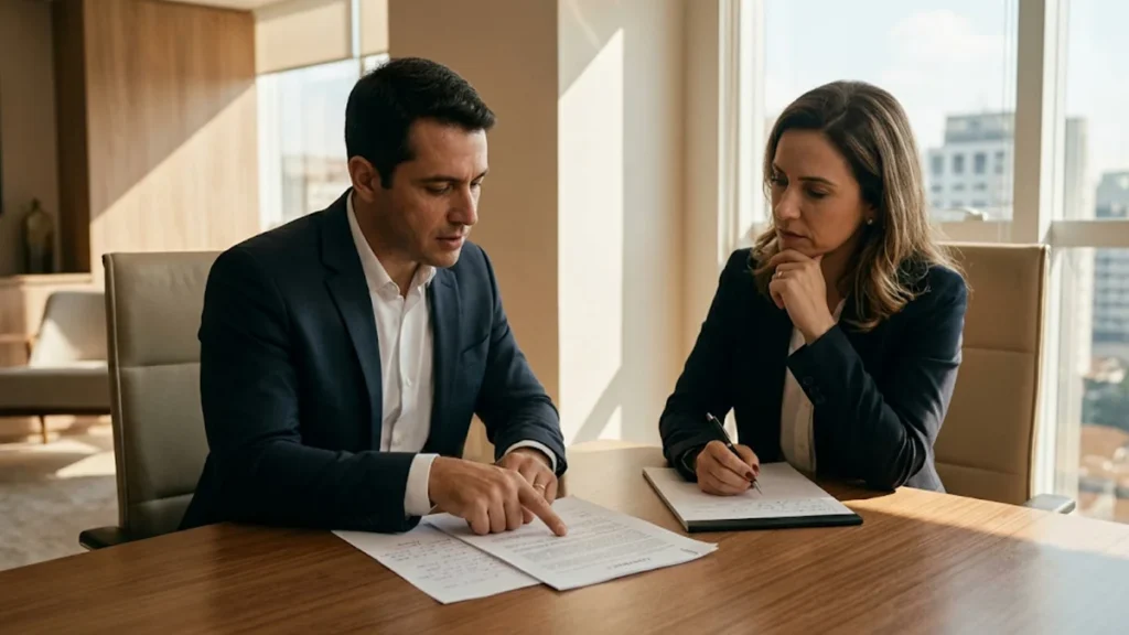 Advogado especialista orientando cliente de negócios sobre cláusulas de cobrança de luvas em contrato de locação comercial durante reunião em São Paulo.