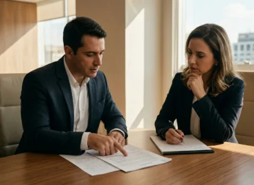 Advogado especialista orientando cliente de negócios sobre cláusulas de cobrança de luvas em contrato de locação comercial durante reunião em São Paulo.