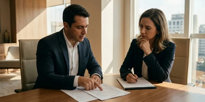 Advogado especialista orientando cliente de negócios sobre cláusulas de cobrança de luvas em contrato de locação comercial durante reunião em São Paulo.