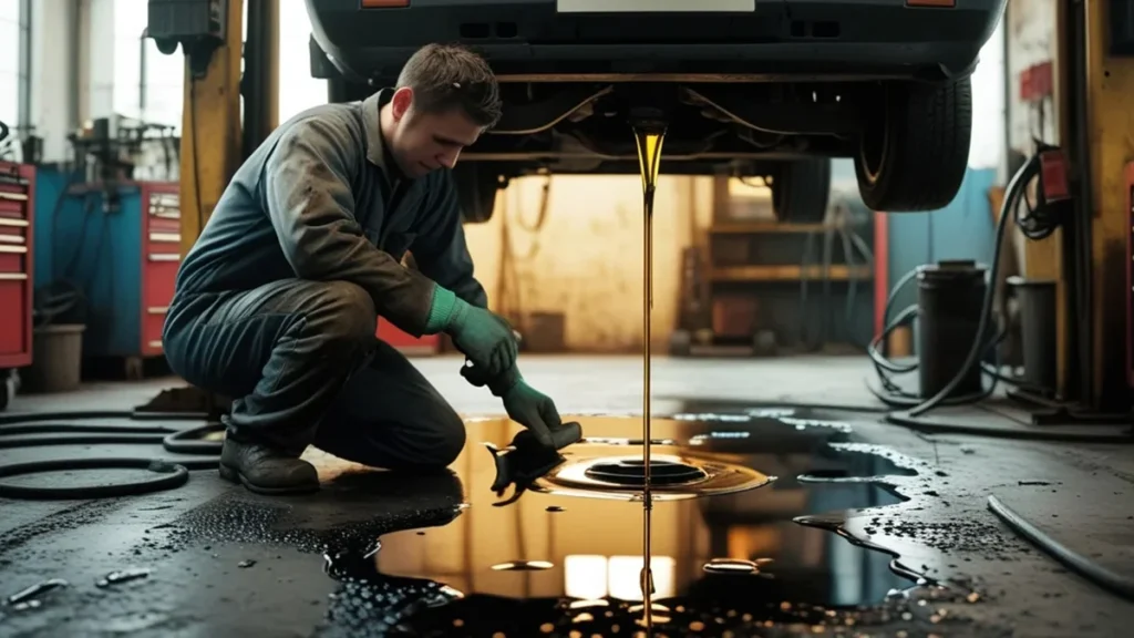 Mecânico limpando vazamento de óleo no chão da oficina, ilustrando risco de multa por responsabilidade ambiental.