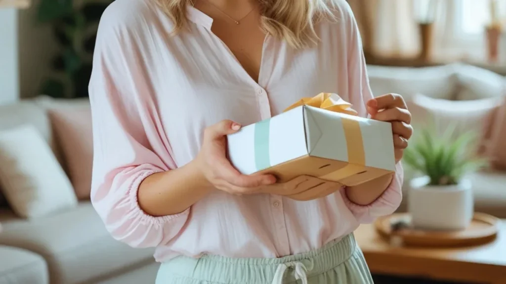 mulher abrindo pacote em casa ilustrando direito de arrependimento em compra online