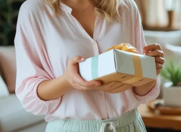 mulher abrindo pacote em casa ilustrando direito de arrependimento em compra online