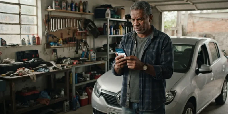 Homem maduro com expressão de preocupação conferindo o valor da indenização do seguro auto no celular ao lado de seu carro na garagem.