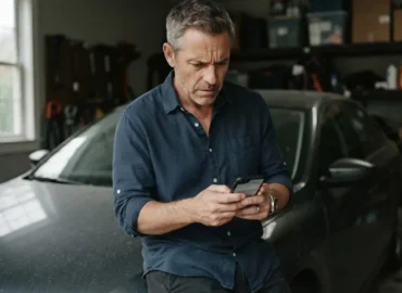Homem na garagem de casa olha preocupado para o celular, verificando as condições da renovação do seu seguro automotivo.