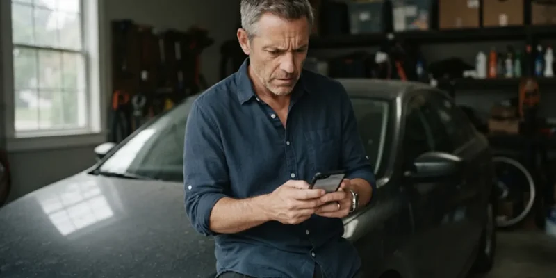 Homem na garagem de casa olha preocupado para o celular, verificando as condições da renovação do seu seguro automotivo.