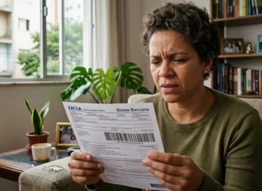 Pessoa sentada no sofá de casa com expressão de dúvida e preocupação enquanto analisa um boleto bancário suspeito.