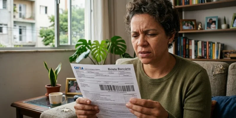 Pessoa sentada no sofá de casa com expressão de dúvida e preocupação enquanto analisa um boleto bancário suspeito.