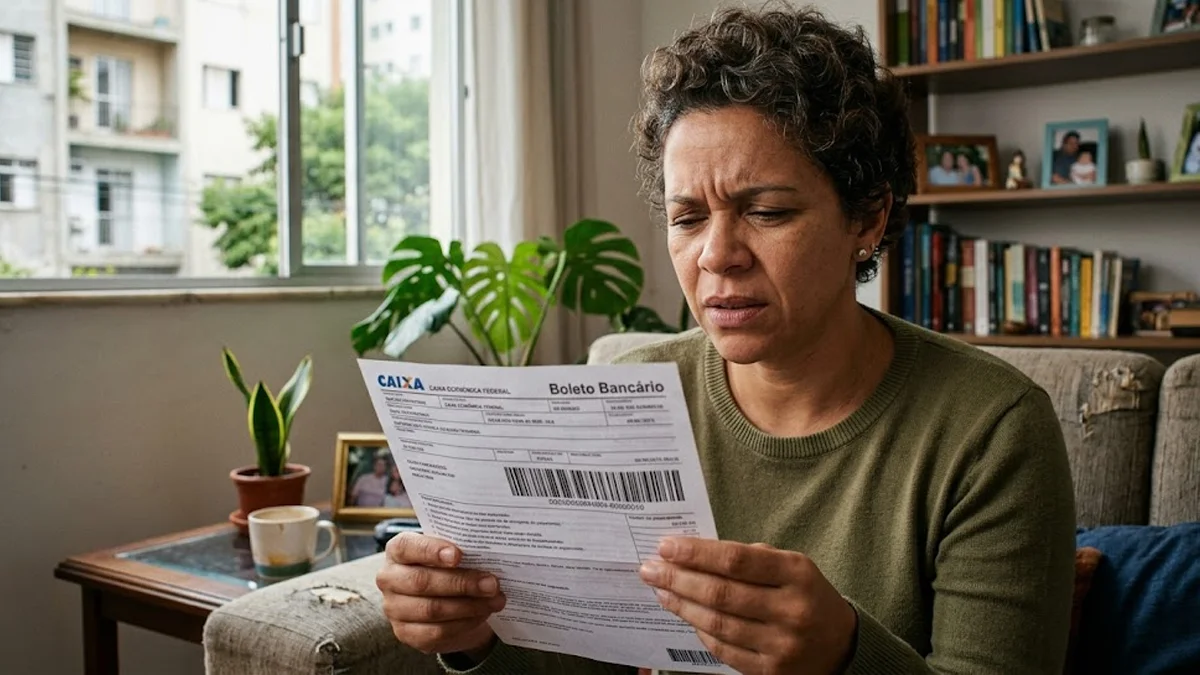 Pessoa sentada no sofá de casa com expressão de dúvida e preocupação enquanto analisa um boleto bancário suspeito.
