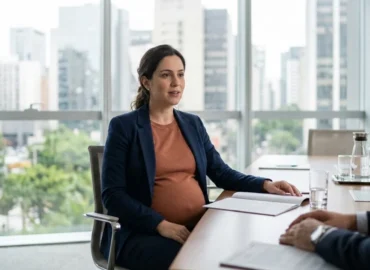 Mulher gestante em reunião consultiva profissional em um escritório, discutindo documentos de forma tranquila.