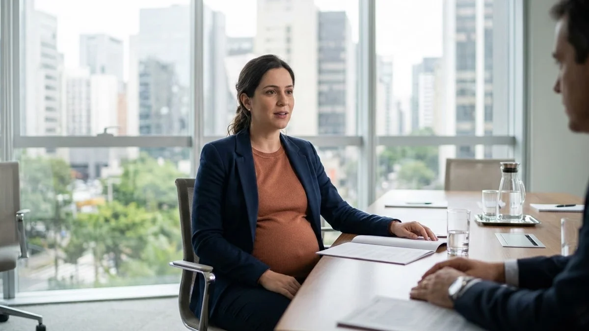 Mulher gestante em reunião consultiva profissional em um escritório, discutindo documentos de forma tranquila.