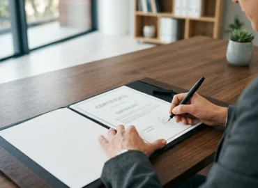 Mulher assinando documento oficial em escritório de advocacia em São Paulo para reaver o nome de solteira após o divórcio.