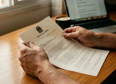 Foto em close-up de uma pessoa segurando uma carta oficial com preocupação, ilustrando o momento em que um benefício foi negado pelo INSS e a busca por soluções.