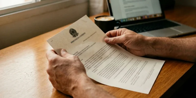 Foto em close-up de uma pessoa segurando uma carta oficial com preocupação, ilustrando o momento em que um benefício foi negado pelo INSS e a busca por soluções.