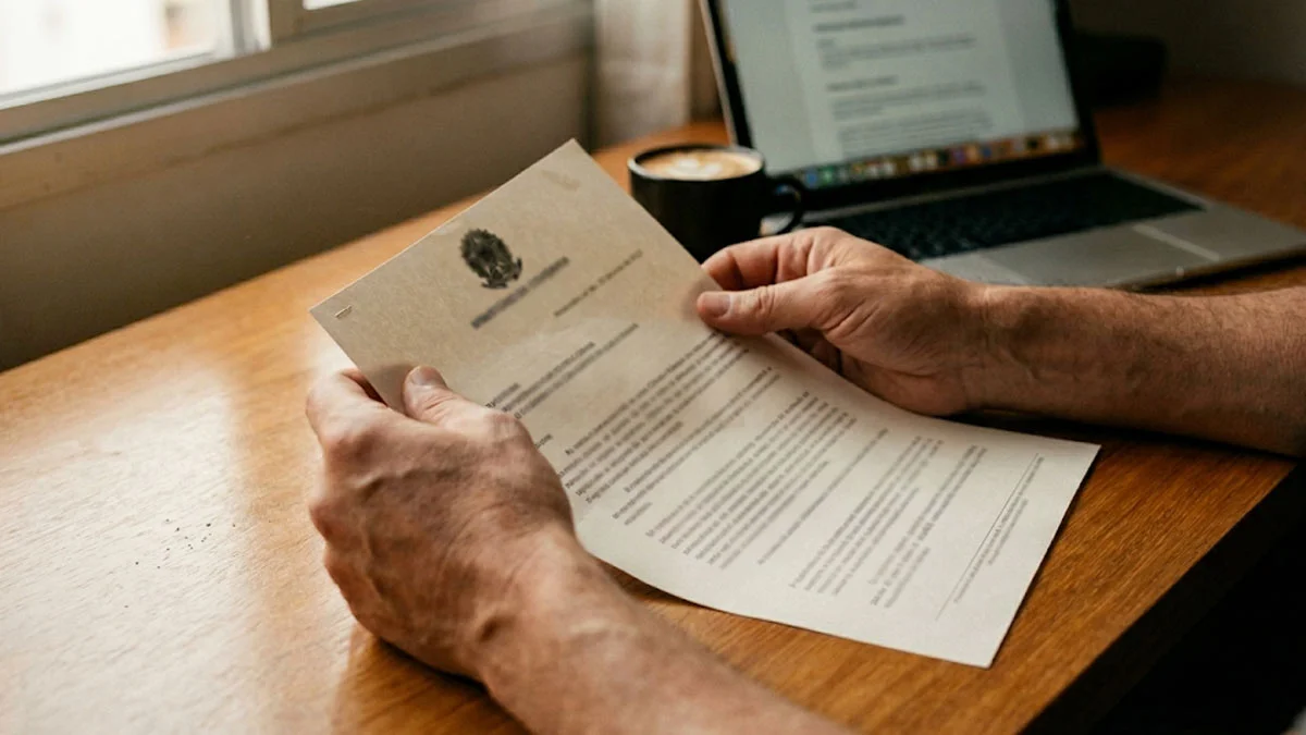 Foto em close-up de uma pessoa segurando uma carta oficial com preocupação, ilustrando o momento em que um benefício foi negado pelo INSS e a busca por soluções.