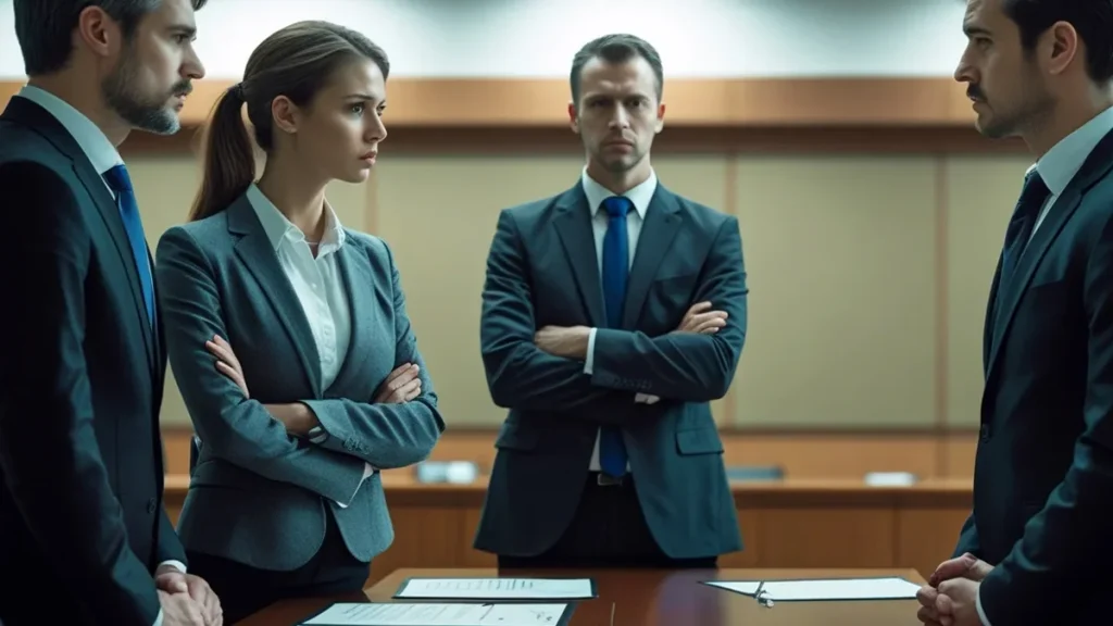 Um advogado e sua cliente simbolizando a busca por reparação na justiça por discriminação no trabalho.